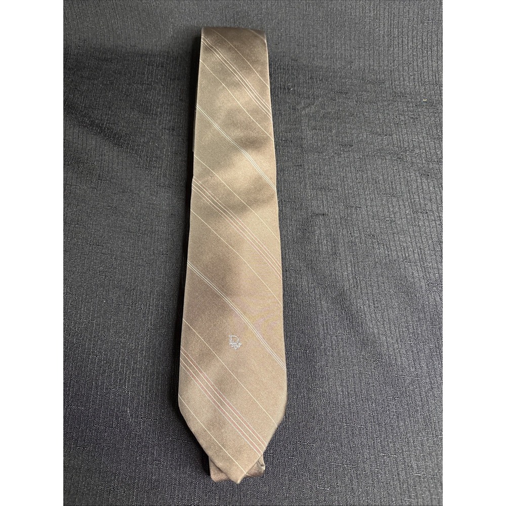 Christian Dior Mens Vintage Silk Blend Striped Tie Brown Multicolor Logo Classic